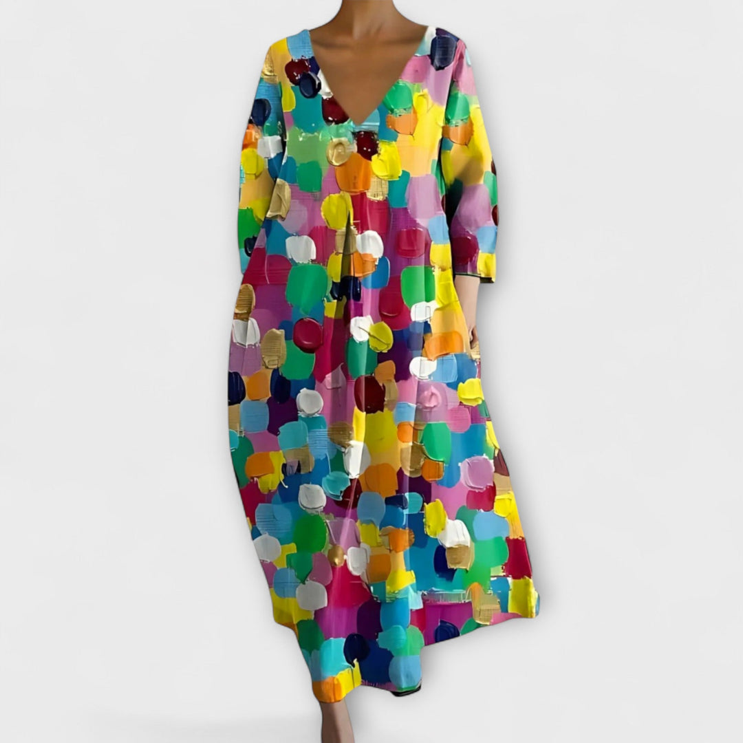 Fiona - Langes, farbenfrohes Kleid mit V-Ausschnitt