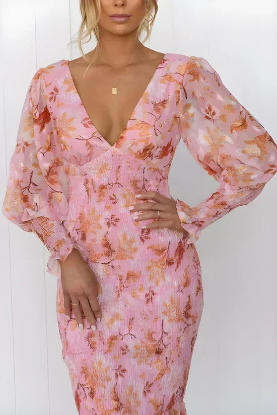 Vilhelmina | Damen-Midikleid mit V-Ausschnitt, Puffärmeln und Volantsaum für Hochzeitsgäste