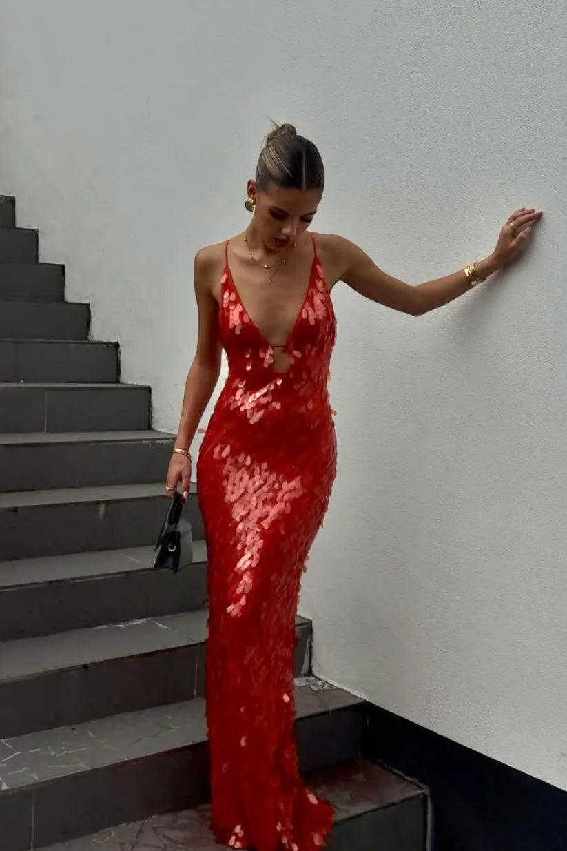 Holly | Rotes rückenfreies Damen-Maxikleid mit Pailletten und tiefem V-Ausschnitt für Hochzeitsgäste
