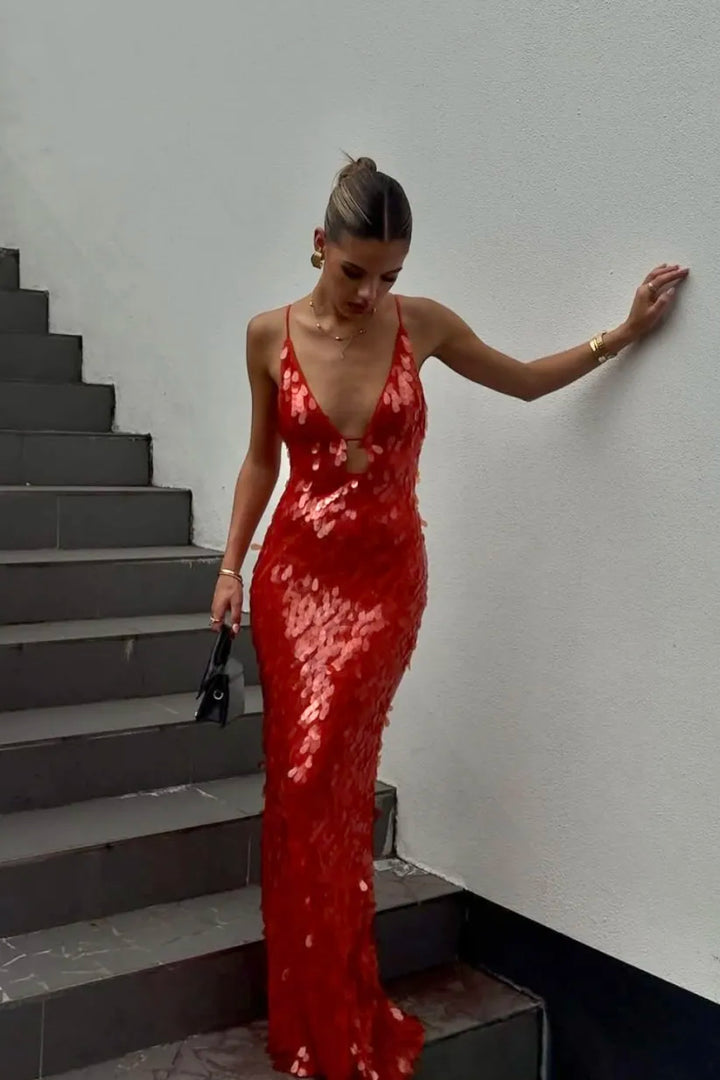 Holly | Rotes rückenfreies Damen-Maxikleid mit Pailletten und tiefem V-Ausschnitt für Hochzeitsgäste
