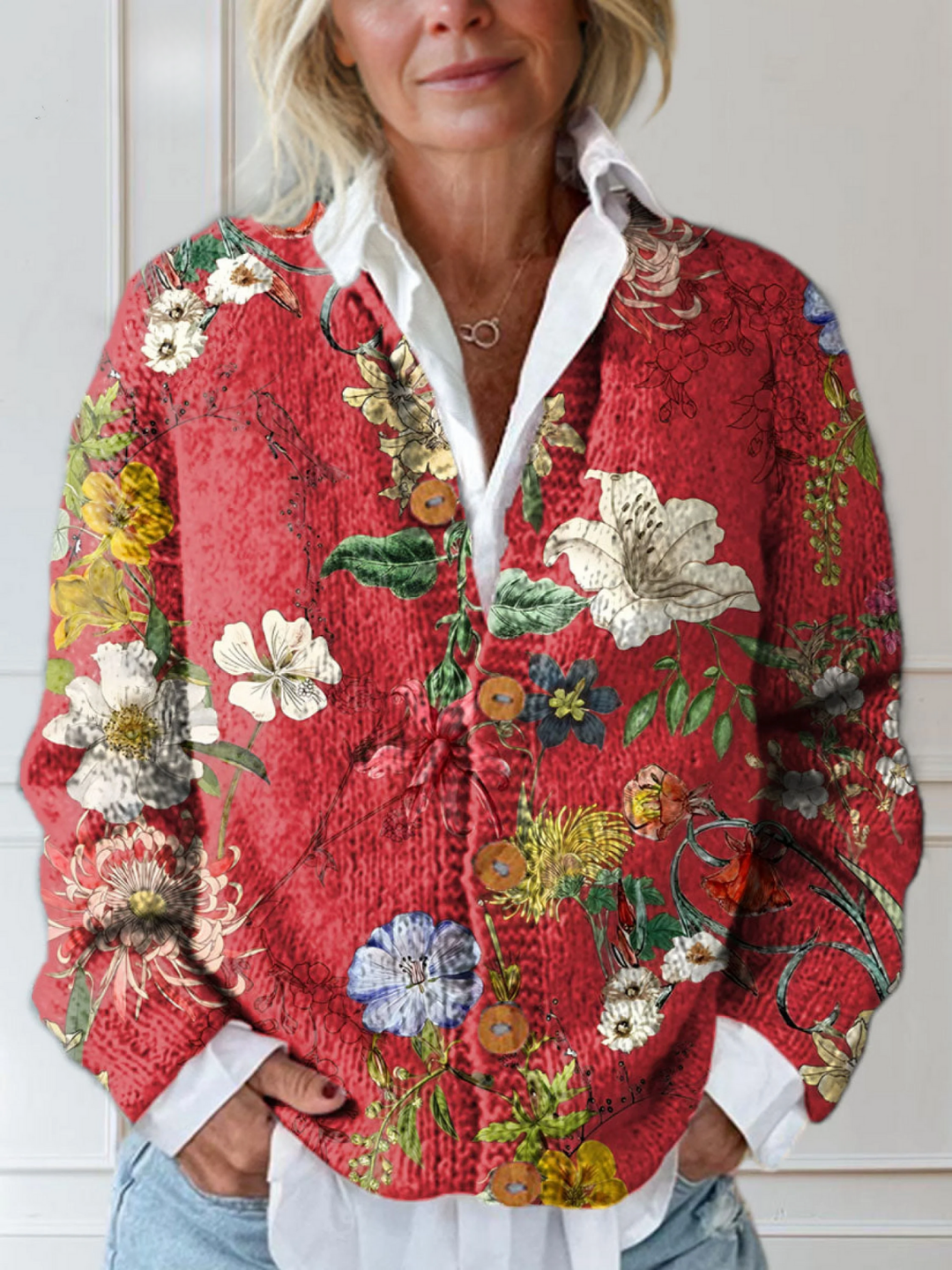 Lena | Strickjacke mit Knopfleiste und Blumenmuster für Damen