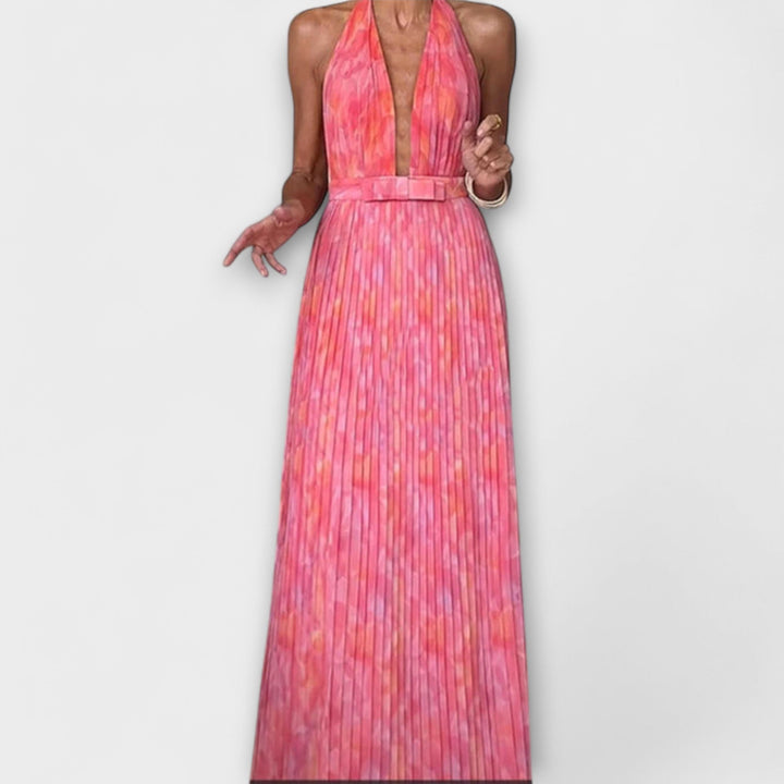 Seraphina - Schickes Halter Neck V-Ausschnitt Plissiertes Maxikleid