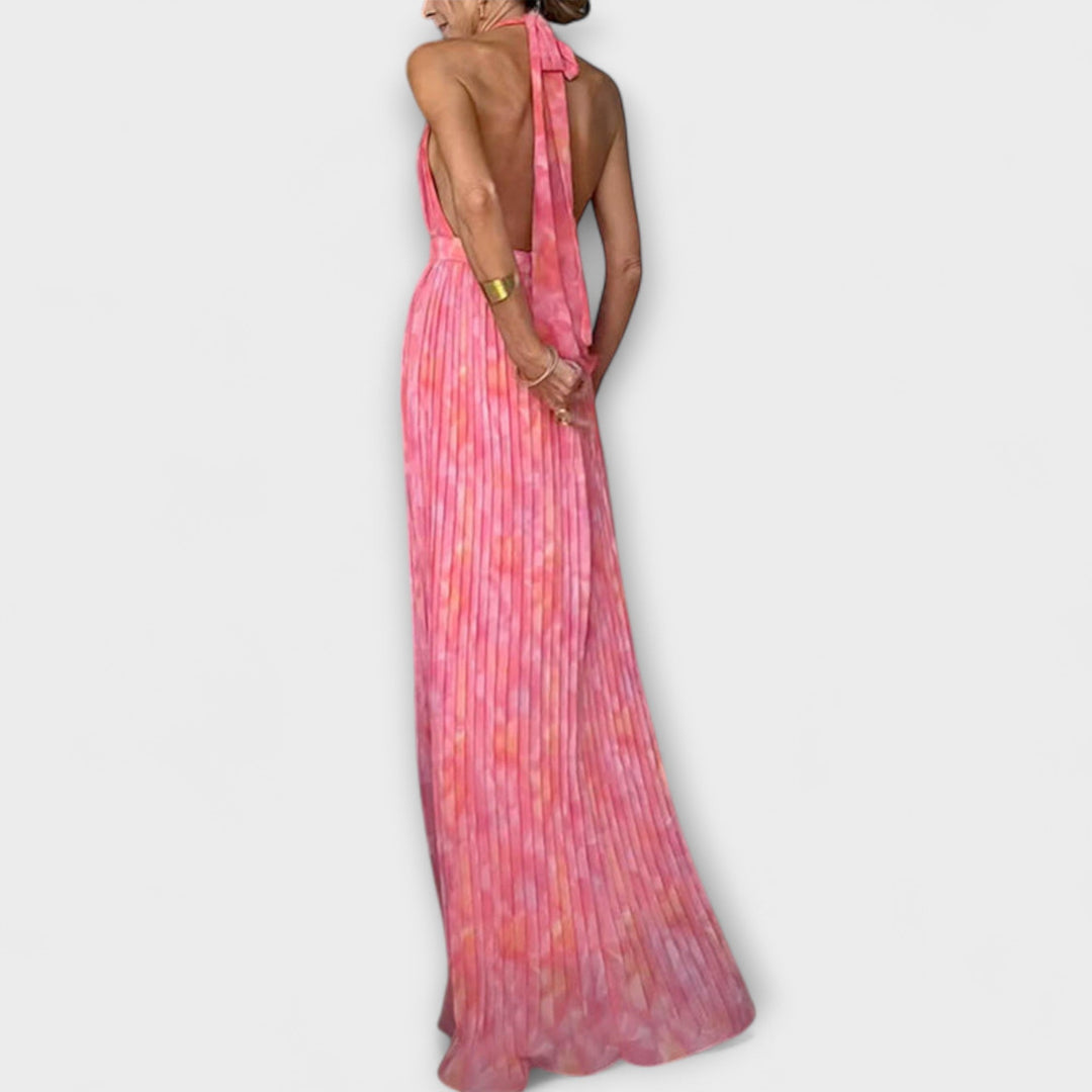 Seraphina - Schickes Halter Neck V-Ausschnitt Plissiertes Maxikleid