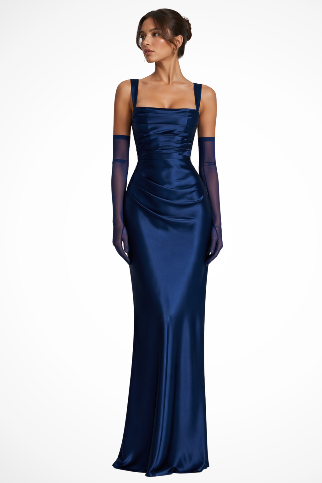 Vivienne | Gerafftes Satin-Damen-Maxikleid mit eckigem Ausschnitt für Hochzeitsgäste