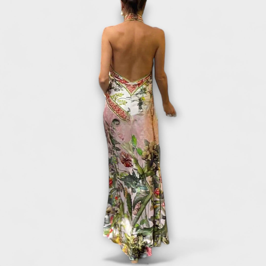 Ayla - Blumenmuster Ärmelloses Offenes Rücken Maxikleid