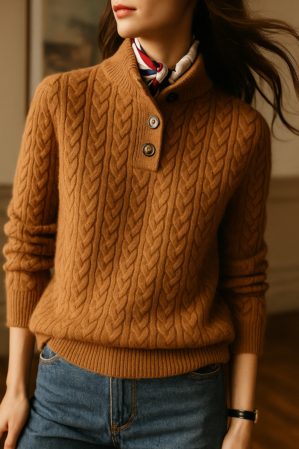 Nathalia | Zopfstrickpullover mit Knopfleiste am Kragen für Damen