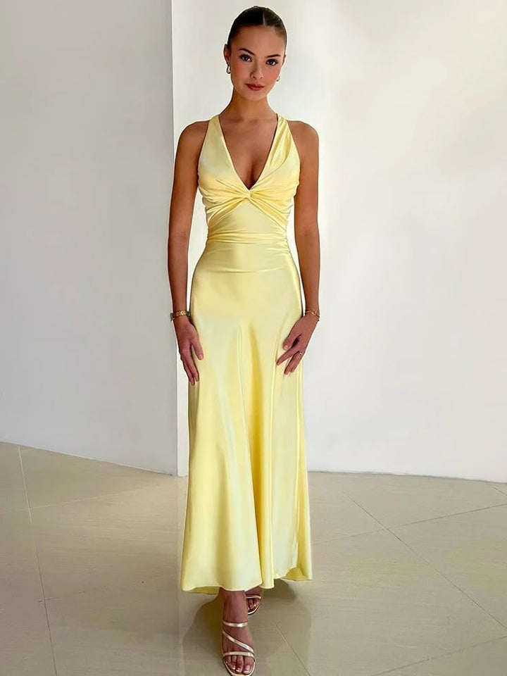 Beatrice | Damen-Maxikleid mit V-Ausschnitt und gebundenem Wickeloberteil für Hochzeitsgäste