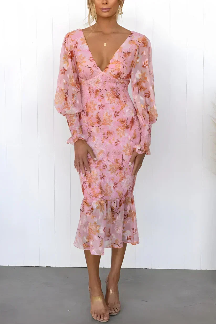 Julia | Geblümtes Damen-Midikleid mit V-Ausschnitt und Puffärmeln für Hochzeitsgäste