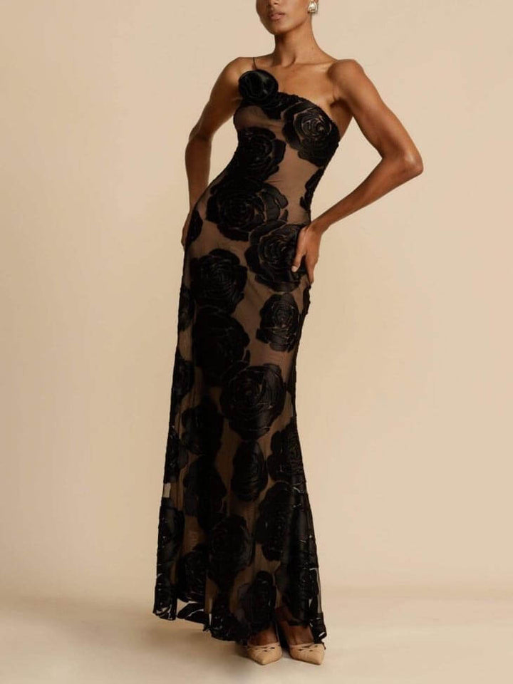 Arabella | Schwarzes geblümtes trägerloses Damen-Maxikleid mit Cut-out für Hochzeitsgäste