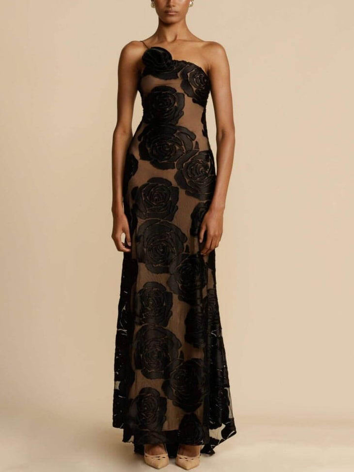 Arabella | Schwarzes geblümtes trägerloses Damen-Maxikleid mit Cut-out für Hochzeitsgäste
