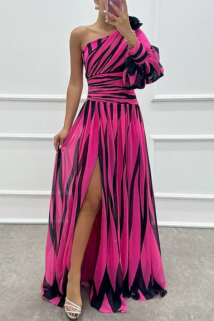 Cordelia | Gestreiftes One-Shoulder-Damen-Maxikleid mit Puffärmel für Hochzeitsgäste
