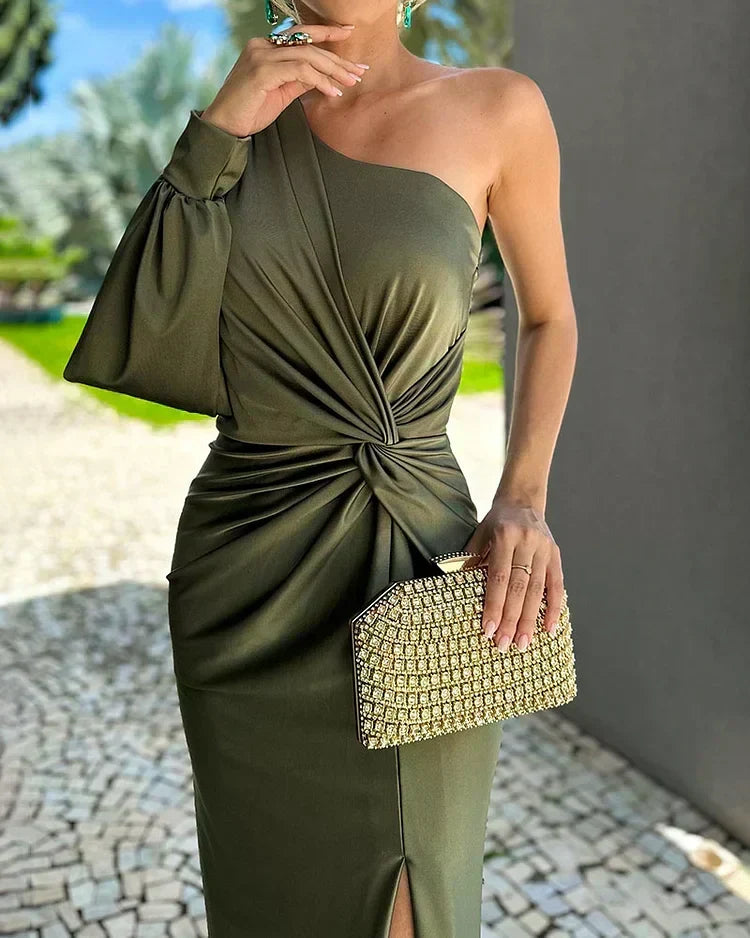 Isabella | Plissiertes One-Shoulder-Damen-Maxikleid mit Knotendetail für Hochzeitsgäste