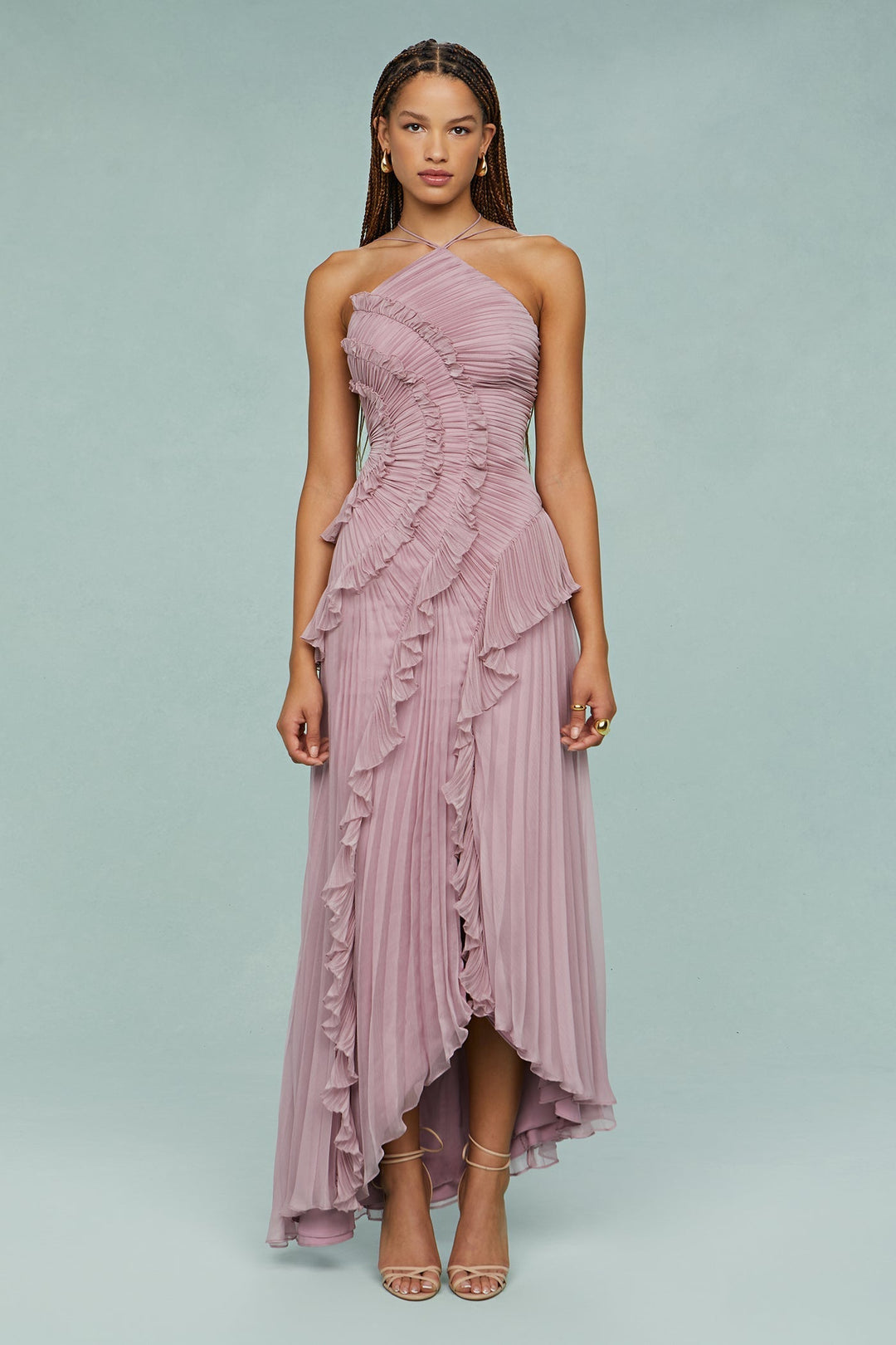 Estelle | Damen-Neckholder-Maxikleid mit Rüschen für Hochzeitsgäste