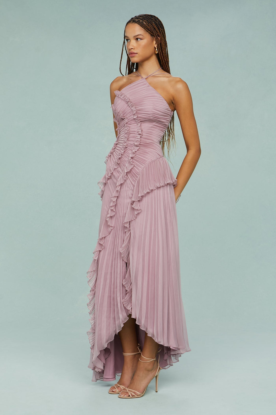 Estelle | Damen-Neckholder-Maxikleid mit Rüschen für Hochzeitsgäste