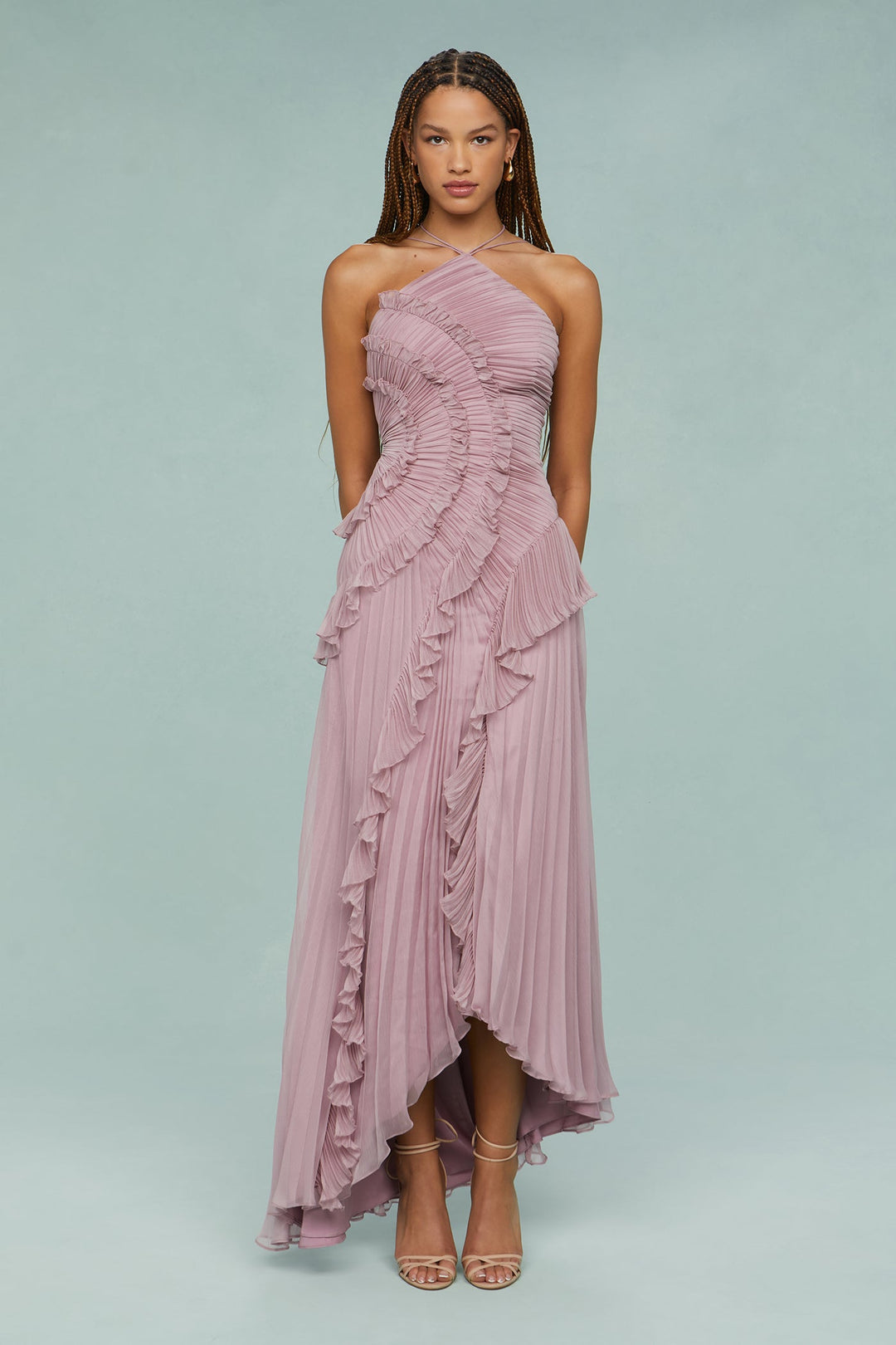 Estelle | Damen-Neckholder-Maxikleid mit Rüschen für Hochzeitsgäste