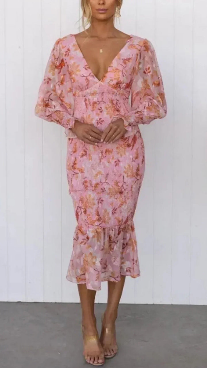 Vilhelmina | Damen-Midikleid mit V-Ausschnitt, Puffärmeln und Volantsaum für Hochzeitsgäste