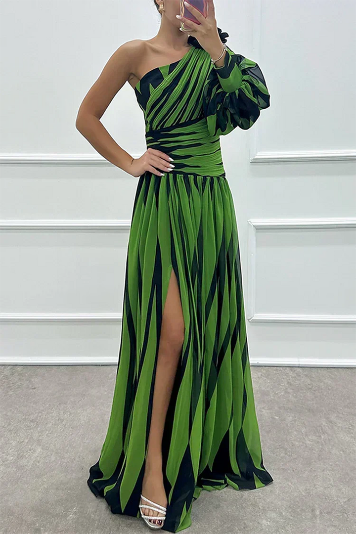Cordelia | Gestreiftes One-Shoulder-Damen-Maxikleid mit Puffärmel für Hochzeitsgäste