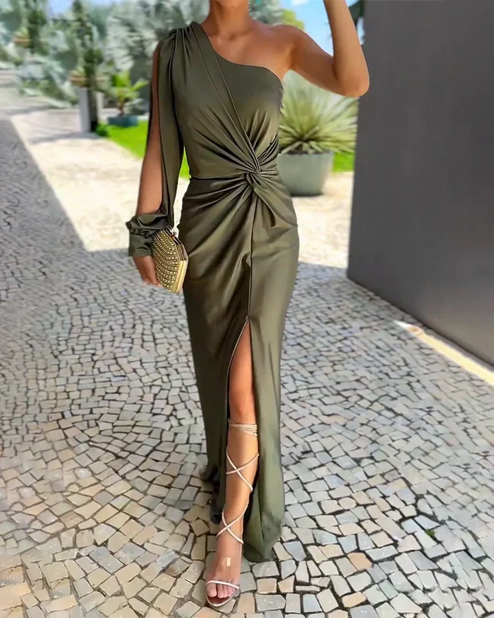 Isabella | Plissiertes One-Shoulder-Damen-Maxikleid mit Knotendetail für Hochzeitsgäste