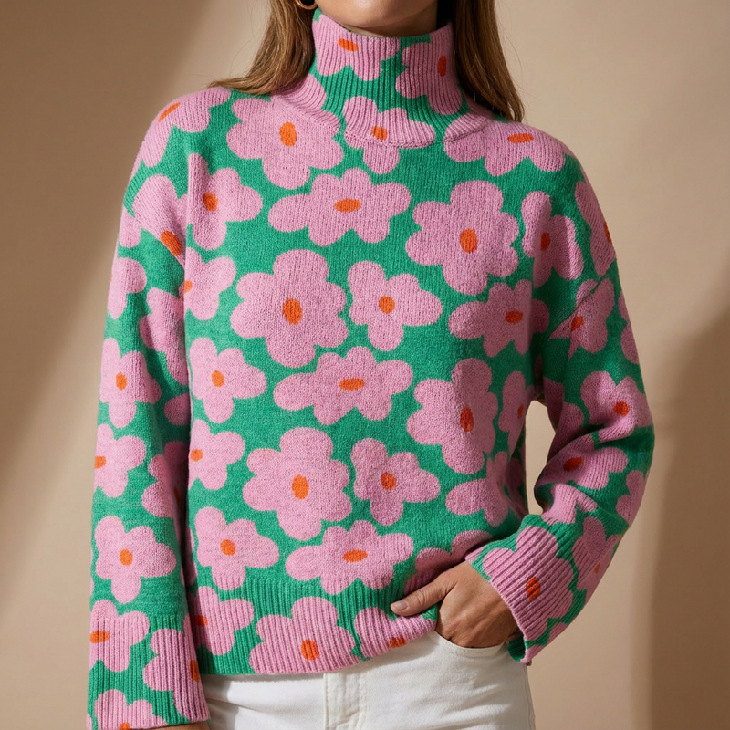Aspen | Strickpullover mit Rollkragen und Blumenmuster für Damen