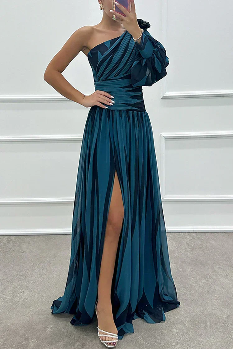 Cordelia | Gestreiftes One-Shoulder-Damen-Maxikleid mit Puffärmel für Hochzeitsgäste