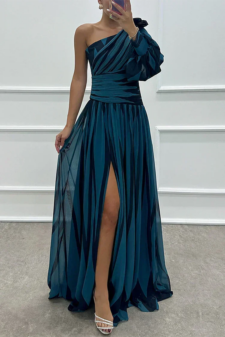 Cordelia | Gestreiftes One-Shoulder-Damen-Maxikleid mit Puffärmel für Hochzeitsgäste