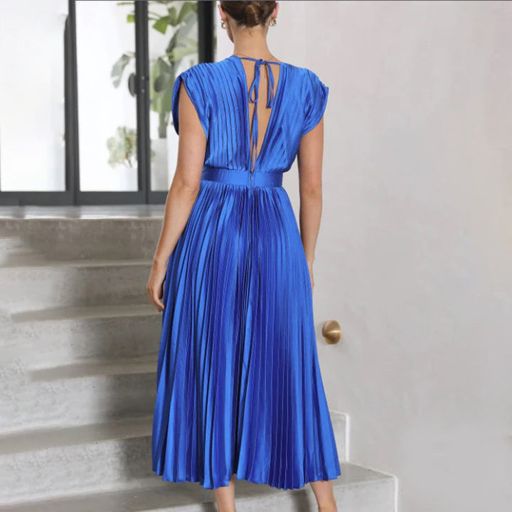 Maren | Plissiertes Damen-Midikleid mit V-Ausschnitt und Flügelärmeln für Hochzeitsgäste