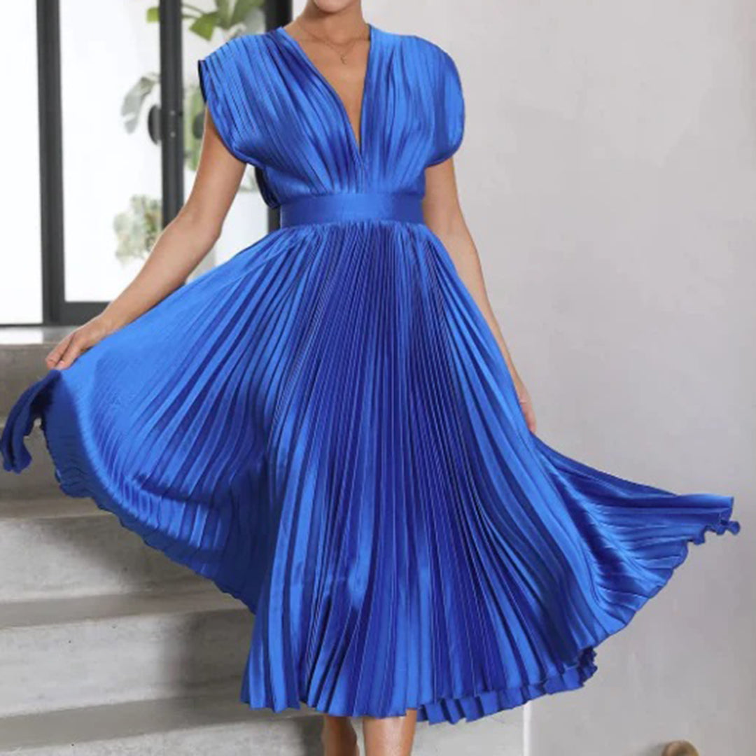 Maren | Plissiertes Damen-Midikleid mit V-Ausschnitt und Flügelärmeln für Hochzeitsgäste