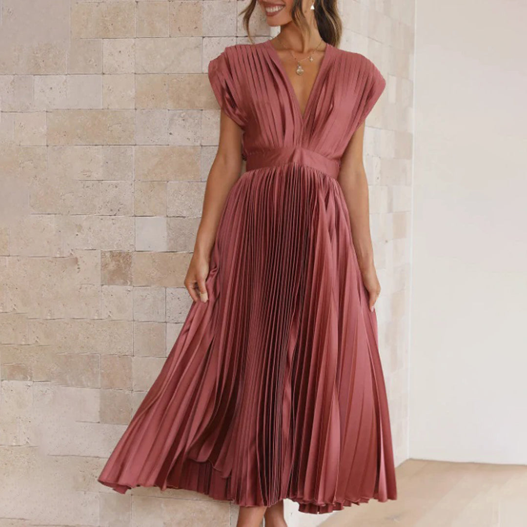 Maren | Plissiertes Damen-Midikleid mit V-Ausschnitt und Flügelärmeln für Hochzeitsgäste