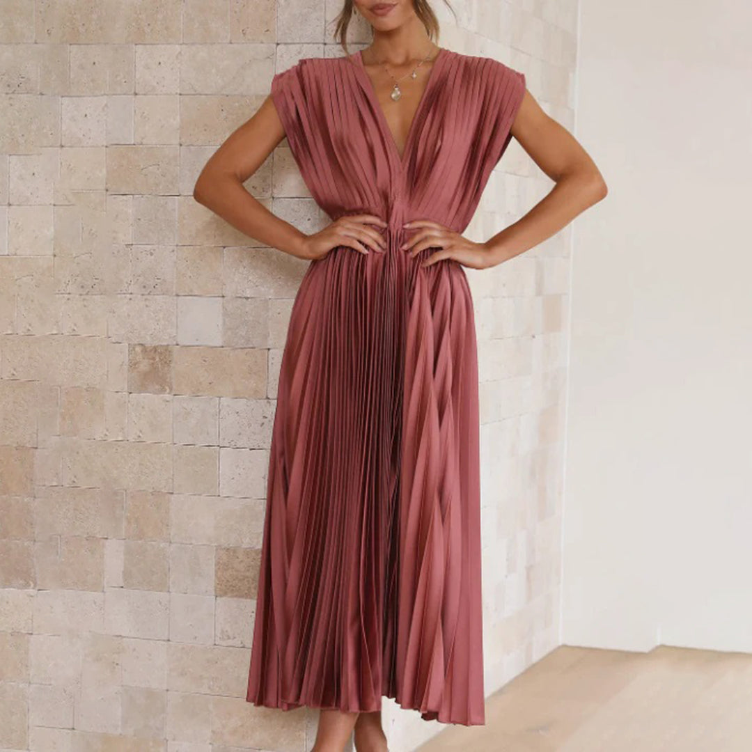 Maren | Plissiertes Damen-Midikleid mit V-Ausschnitt und Flügelärmeln für Hochzeitsgäste