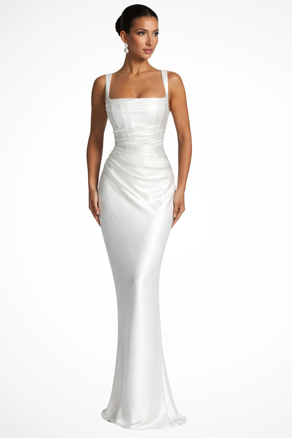 Vivienne | Gerafftes Satin-Damen-Maxikleid mit eckigem Ausschnitt für Hochzeitsgäste