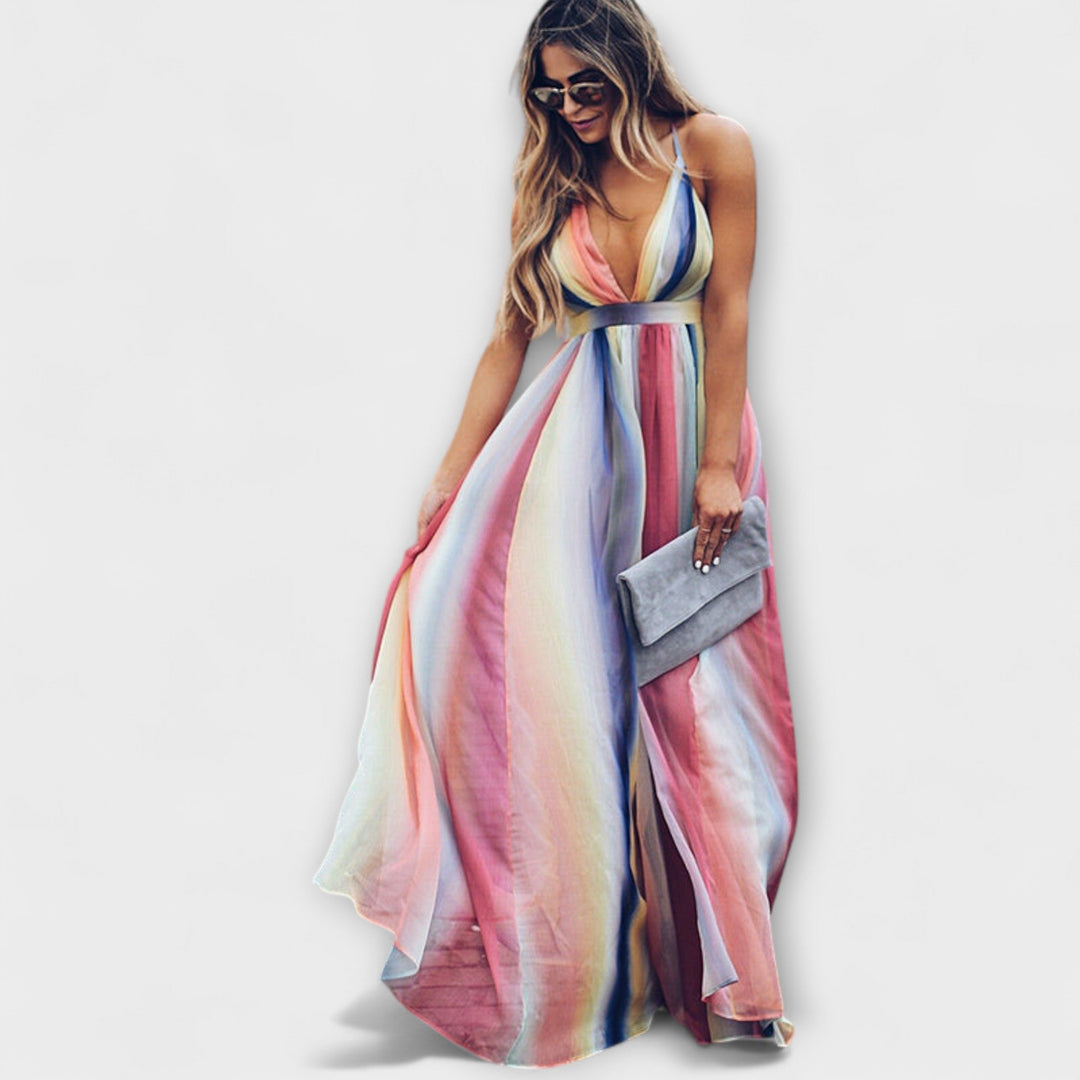 Mehrfarbig Gestreiftes Damenkleid mit V-Ausschnitt