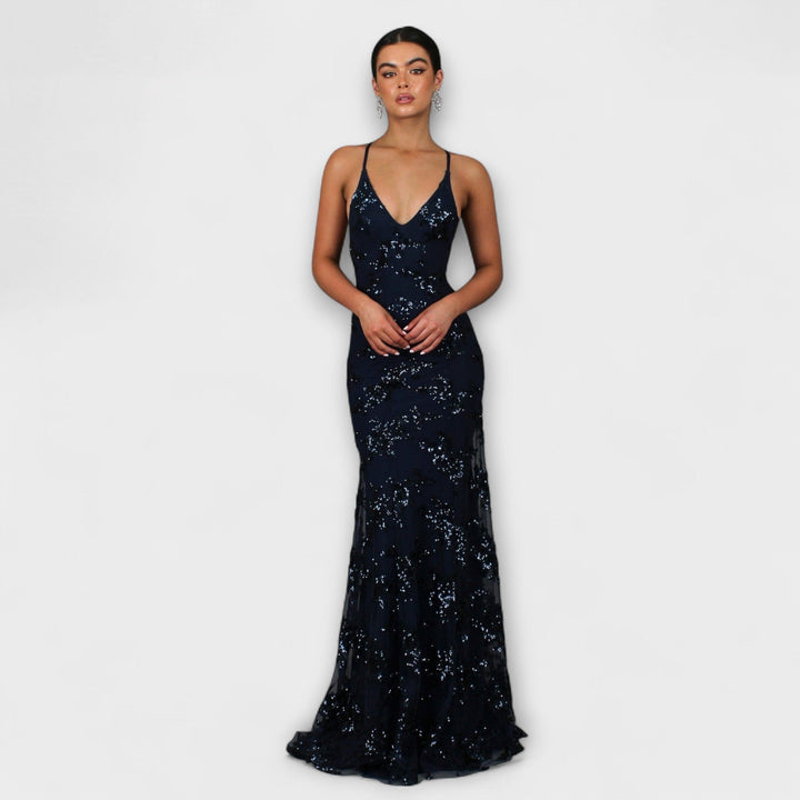 Zayla - Rückenfreies Maxikleid mit Pailletten-V-Ausschnitt