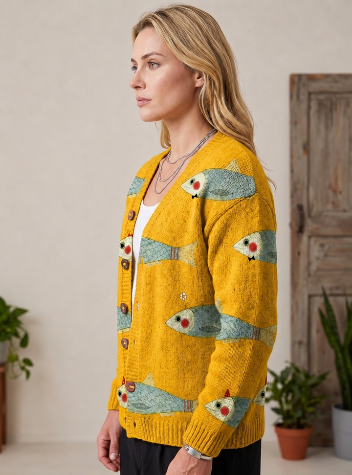 Edwina | Strickjacke mit Knopfleiste und Fischmuster für Damen