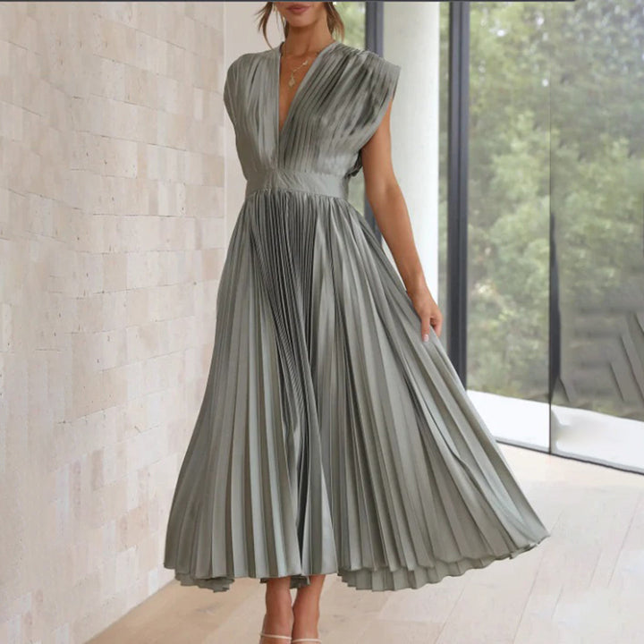 Maren | Plissiertes Damen-Midikleid mit V-Ausschnitt und Flügelärmeln für Hochzeitsgäste