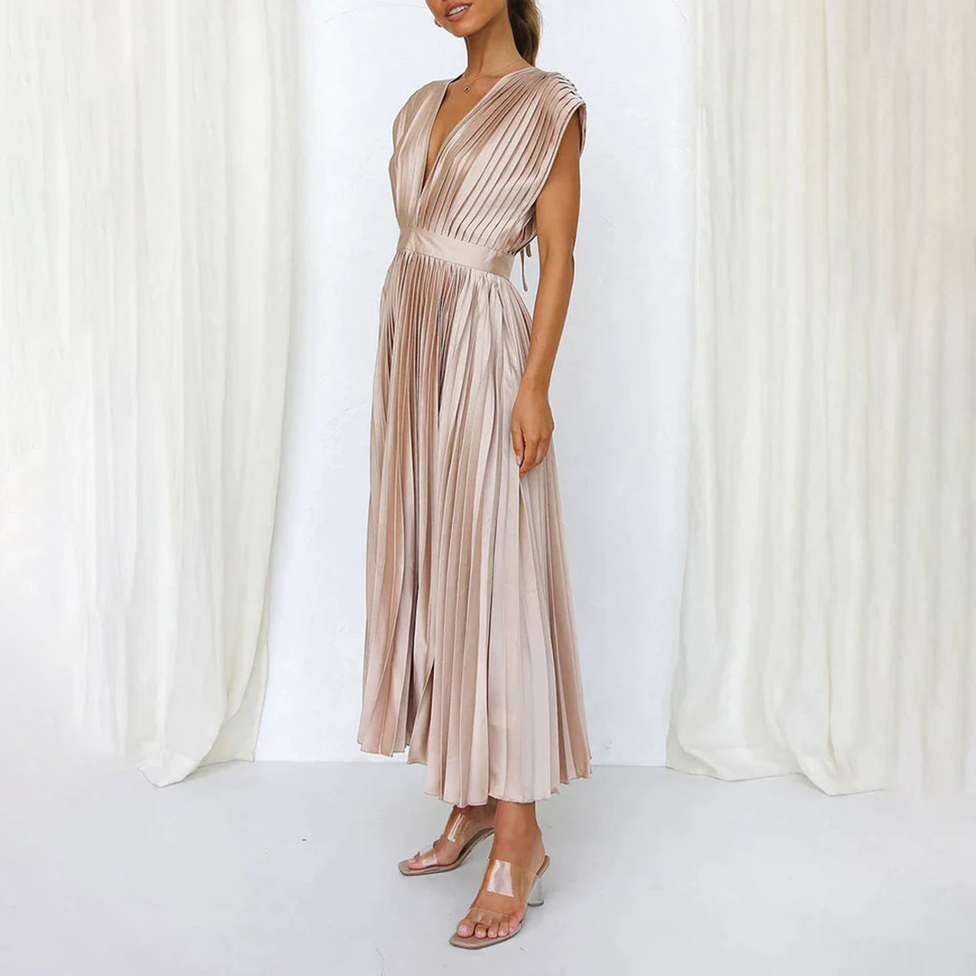 Maren | Plissiertes Damen-Midikleid mit V-Ausschnitt und Flügelärmeln für Hochzeitsgäste