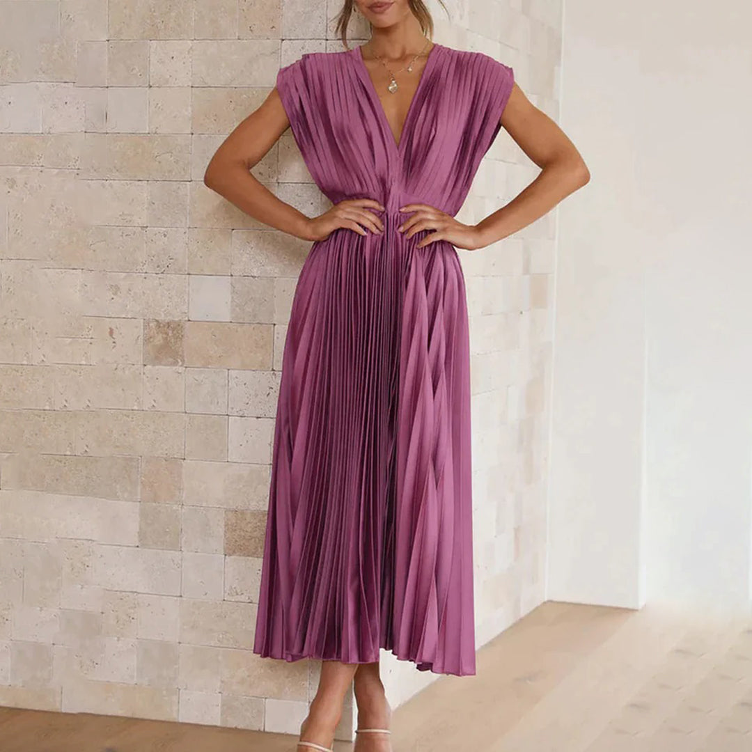 Maren | Plissiertes Damen-Midikleid mit V-Ausschnitt und Flügelärmeln für Hochzeitsgäste