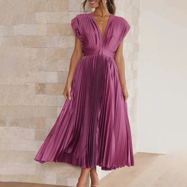Maren | Plissiertes Damen-Midikleid mit V-Ausschnitt und Flügelärmeln für Hochzeitsgäste