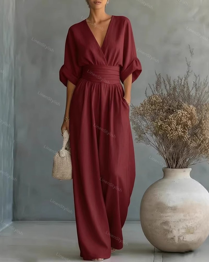 Pia | Wickel-Jumpsuit mit V-Ausschnitt und weitem Bein für Damen