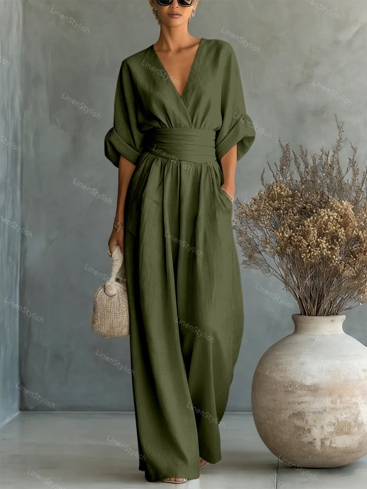Pia | Wickel-Jumpsuit mit V-Ausschnitt und weitem Bein für Damen