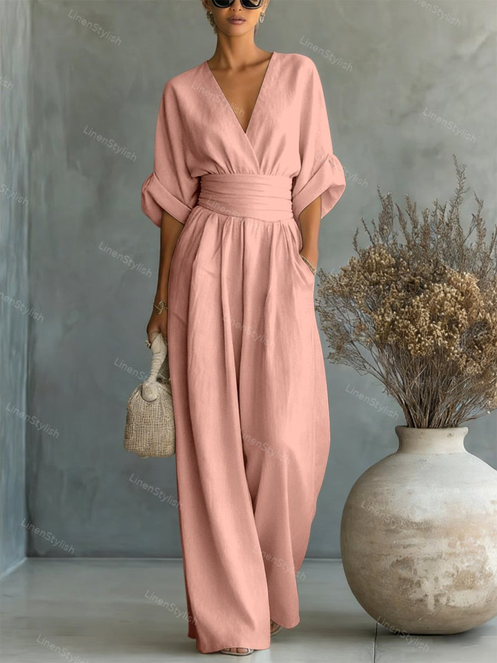 Pia | Wickel-Jumpsuit mit V-Ausschnitt und weitem Bein für Damen