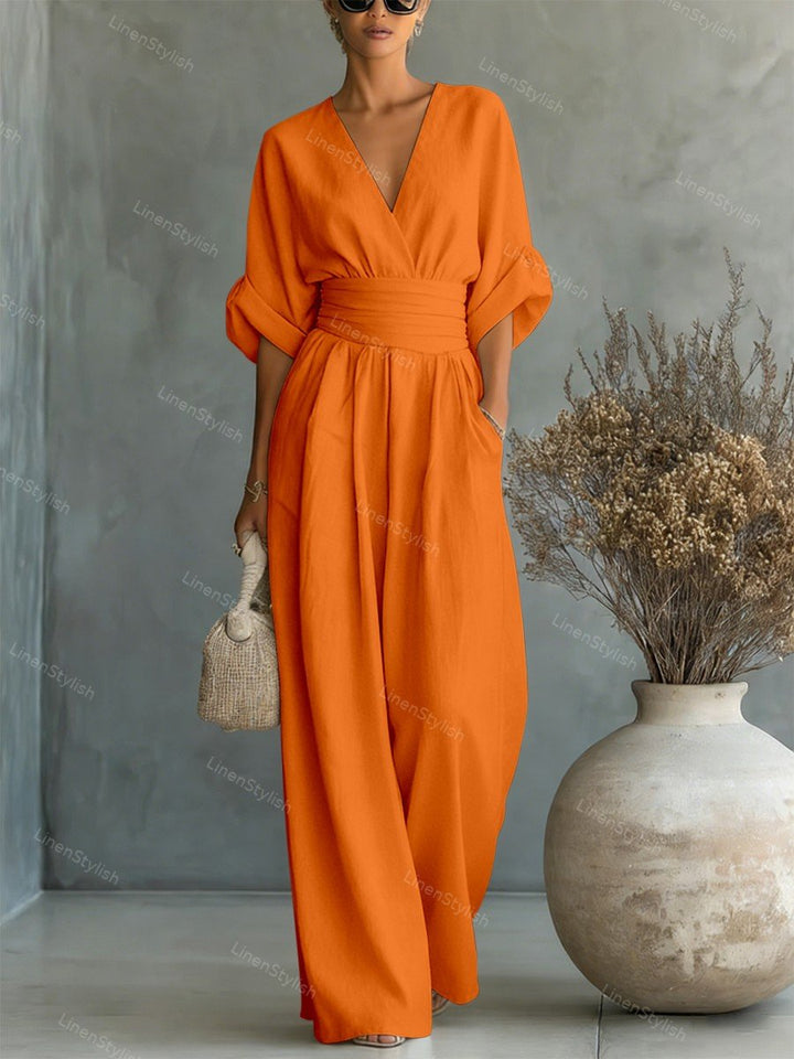 Pia | Wickel-Jumpsuit mit V-Ausschnitt und weitem Bein für Damen