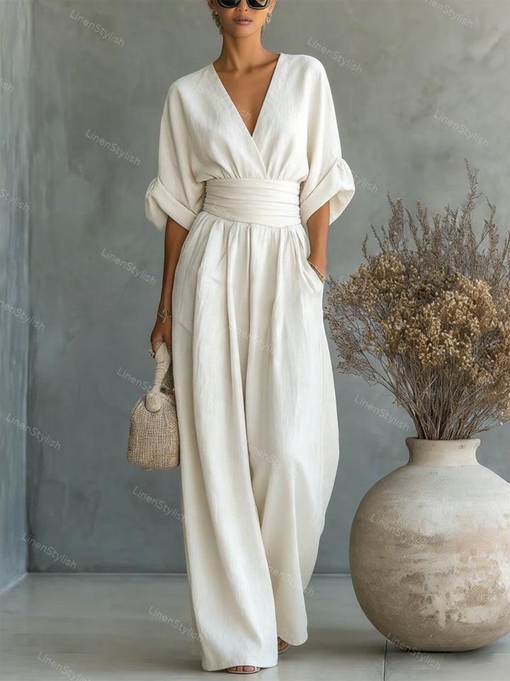 Pia | Wickel-Jumpsuit mit V-Ausschnitt und weitem Bein für Damen