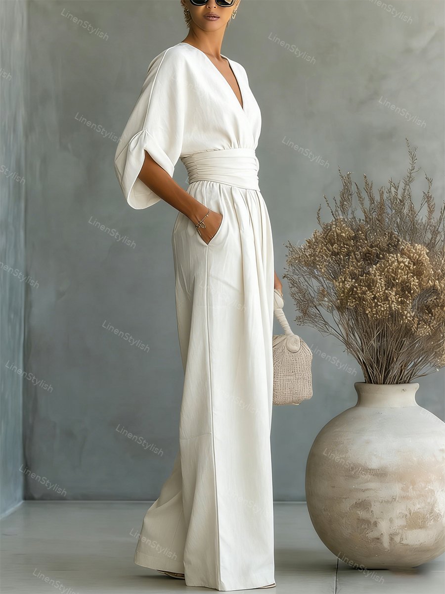 Pia | Wickel-Jumpsuit mit V-Ausschnitt und weitem Bein für Damen