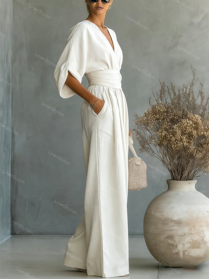 Pia | Wickel-Jumpsuit mit V-Ausschnitt und weitem Bein für Damen