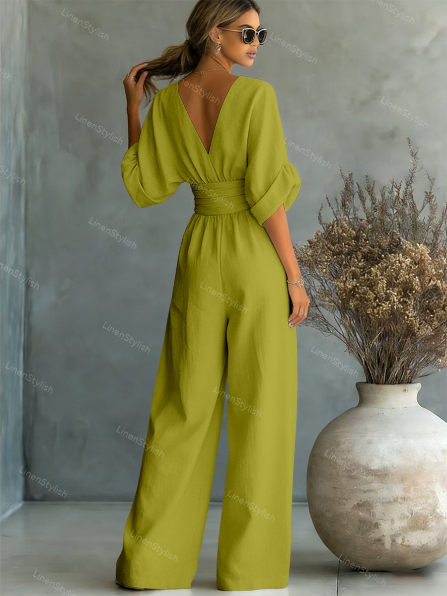 Pia | Wickel-Jumpsuit mit V-Ausschnitt und weitem Bein für Damen