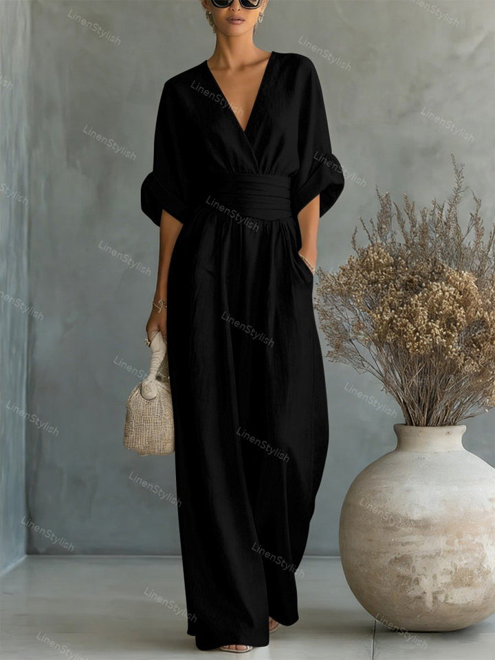 Pia | Wickel-Jumpsuit mit V-Ausschnitt und weitem Bein für Damen