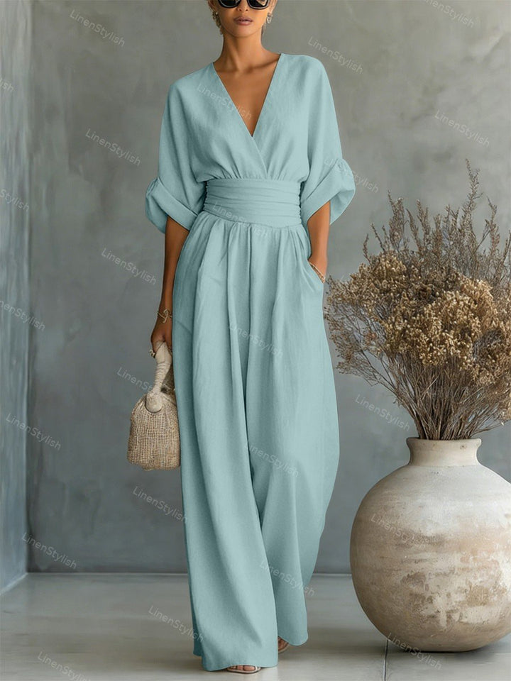 Pia | Wickel-Jumpsuit mit V-Ausschnitt und weitem Bein für Damen