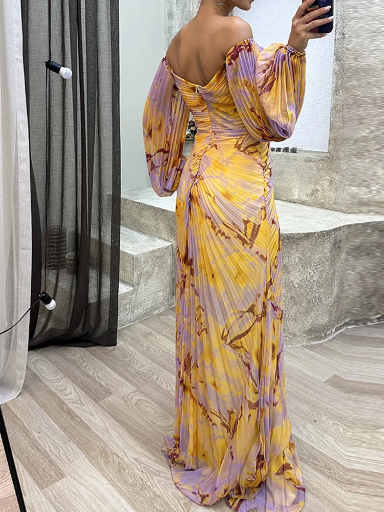 Ilaria | Schulterfreies Damen-Maxikleid mit drapierten Dreiviertelärmeln für Hochzeitsgäste
