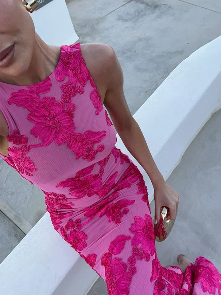 Lily | Geblümtes ärmelloses Damen-Maxikleid mit Rundhalsausschnitt für Hochzeitsgäste