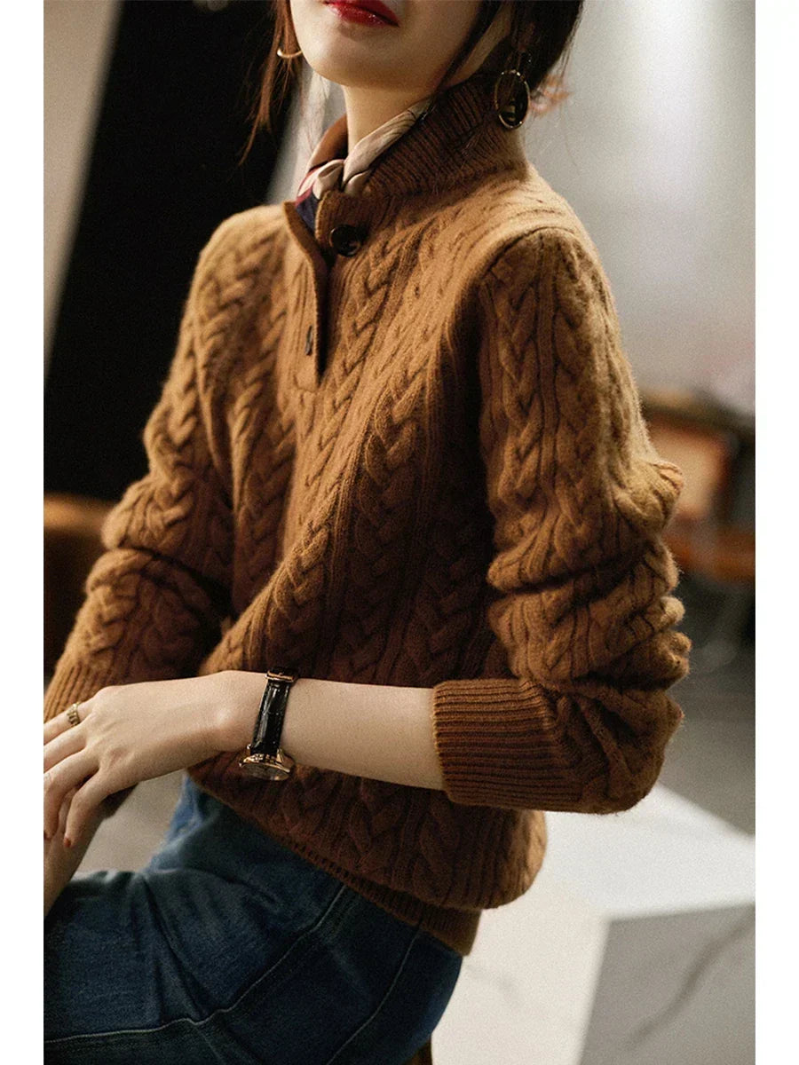 Nathalia | Zopfstrickpullover mit Knopfleiste am Kragen für Damen